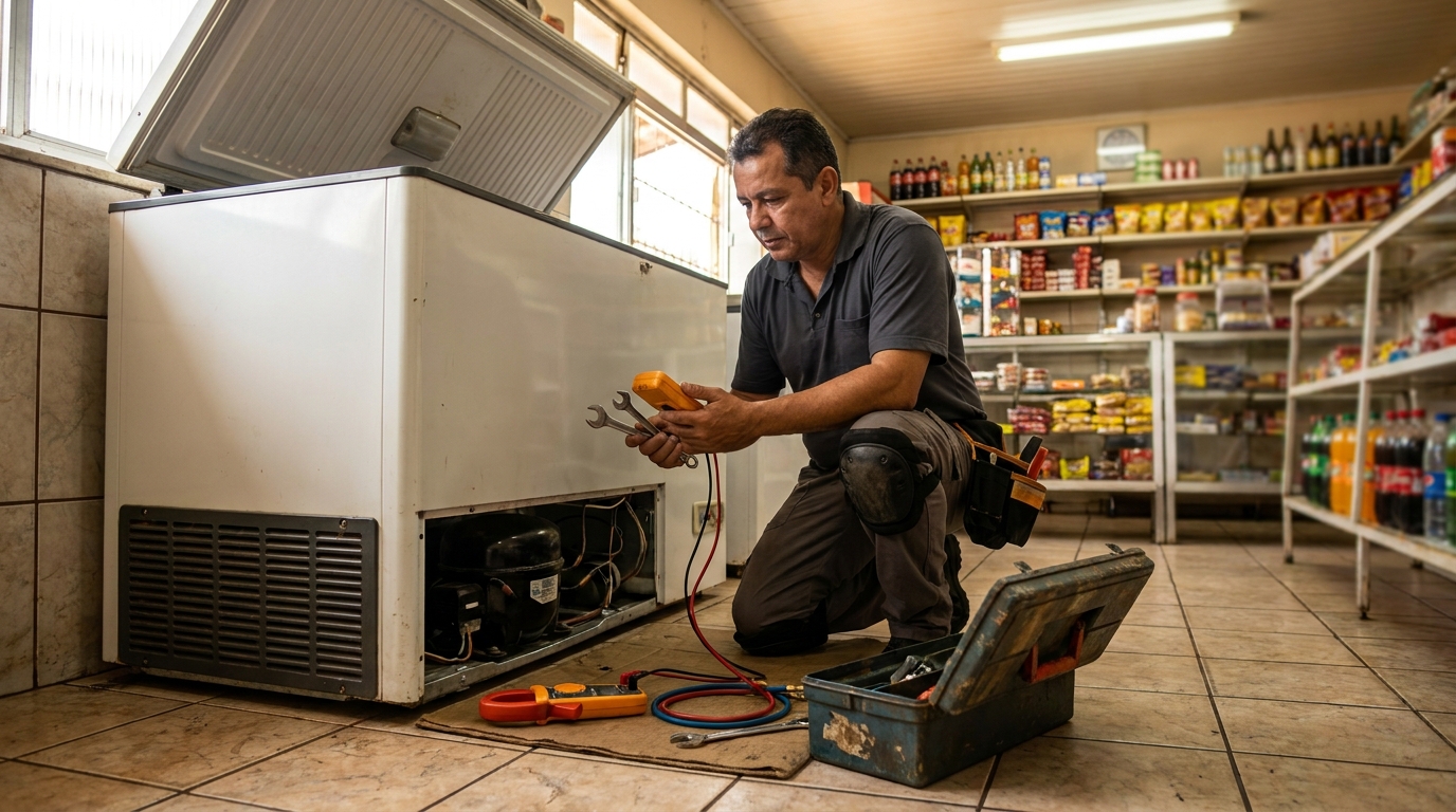 Técnico realizando manutenção de motor de freezer em Suzano‑SP