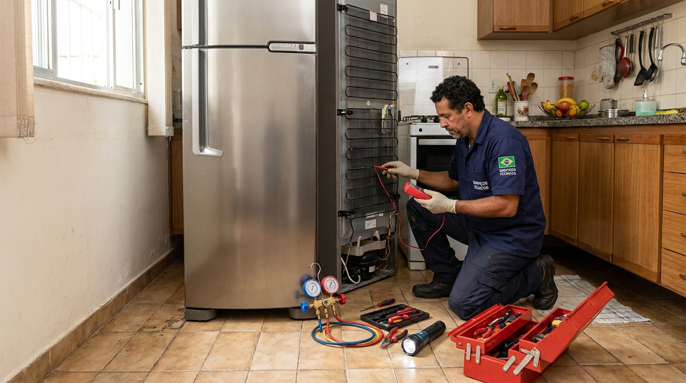 Técnico realizando manutenção de motor de geladeira em Suzano‑SP