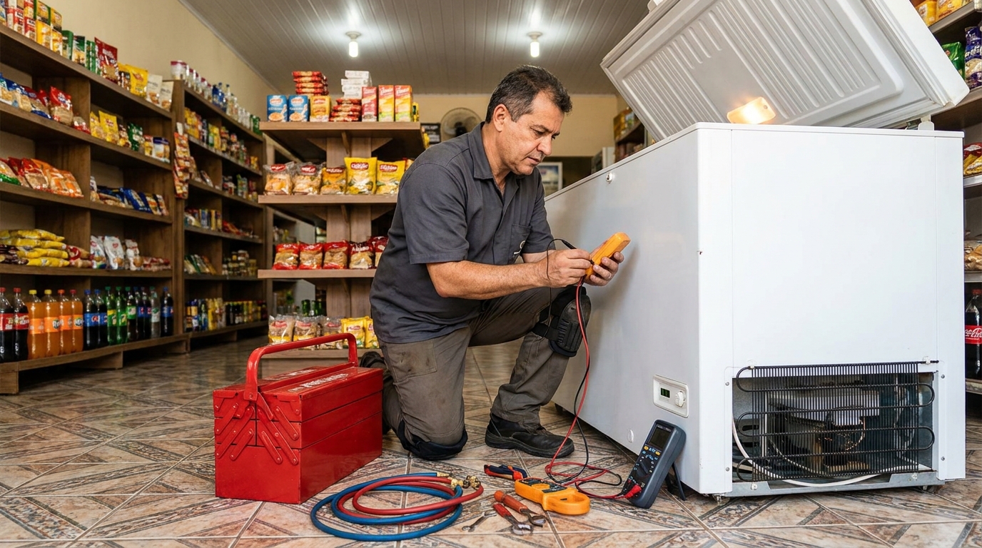 Recarga de gás refrigerante em freezer em atendimento em Suzano‑SP