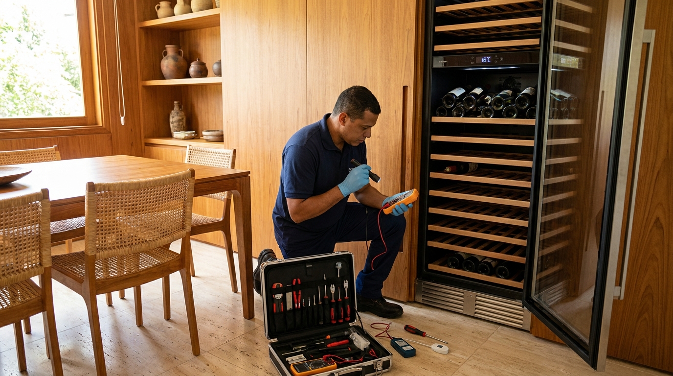 Troca de termostato de adega climatizada em atendimento técnico no Centro, Suzano‑SP